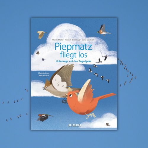 Das Cover des Buchs 'Piepmatz fliegt los'. Im Hintergrund ist ein blauer Himmel mit einem Vogelschwarm zu sehen.