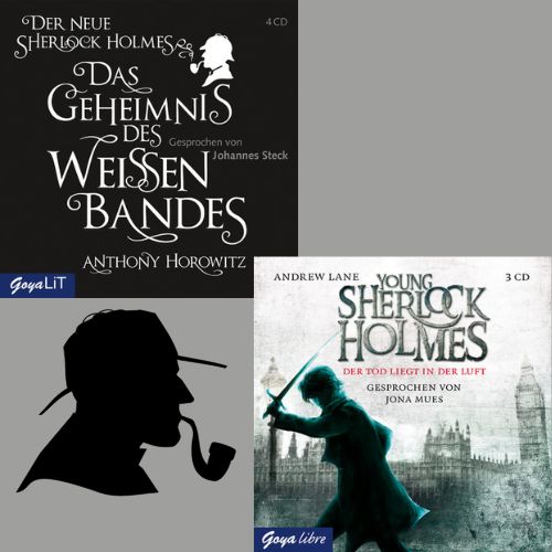 Zwei Cover von Hörbüchern über Sherlock Holmes auf grauem Hintergrund. Daneben ist eine Sherlock Holmes-Illustration zu sehen.