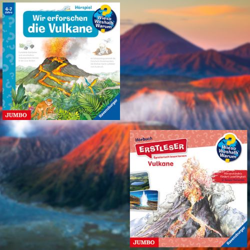 Die Cover der CDs 'Wieso? Weshalb? Warum? Wir erforschen die Vulkane' und 'Wieso? Weshalb? Warum? Erstleser. Vulkane'. Im Hintergrund ist eine Vulkanlandschaft zu sehen.