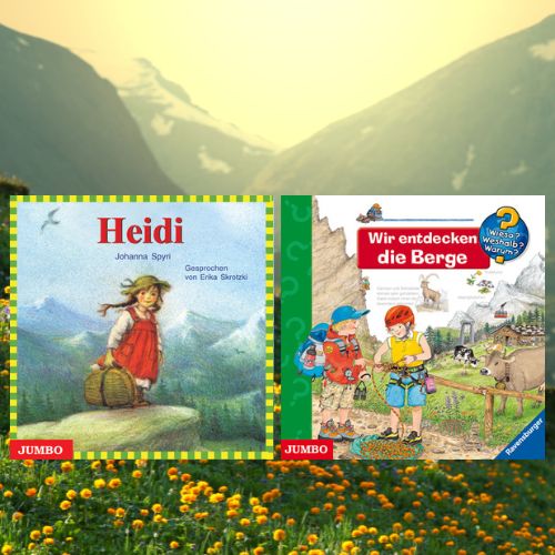 Die Cover der Hörbücher 'Heidi' und des Hörspiels 'Wieso? Weshalb? Warum? Wir entdecken die Berge'. Im Hintergrund sind eine Blumenwiese und Berggipfel zu sehen.