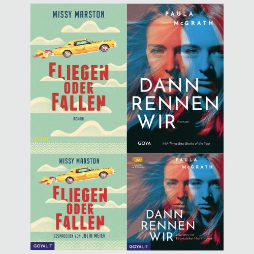 Die Cover der Bücher 'Fliegen oder fallen' und 'Dann rennen wir' und die Cover der gleichnamigen Hörbücher mit Hintergrund