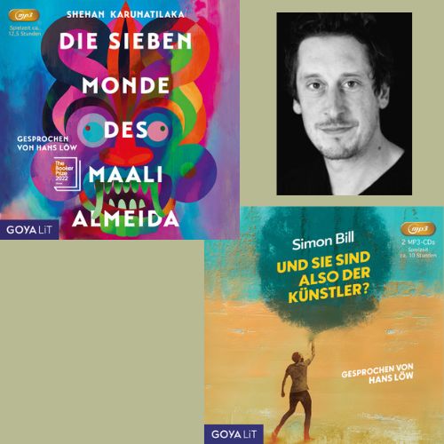 Die Cover von 'Die sieben Monde des Maali Almeida' und 'Und Sie sind also der Künstler?' sowie ein Portrait von Hans Löw auf hellgrünem Hintergrund.