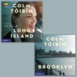 Die Cover der Hörbücher 'Long Island' und 'Brooklyn' auf blau-grauem Hintergrund.