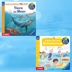 Die Cover der Hörspiele 'Wieso? Weshalb? Warum? junior. Tiere im Meer' und 'Wieso? Weshalb? Warum? Komm mit zum Schwimmen' auf einem blauen Hintergrund, der wie eine Wasseroberfläche aussieht.